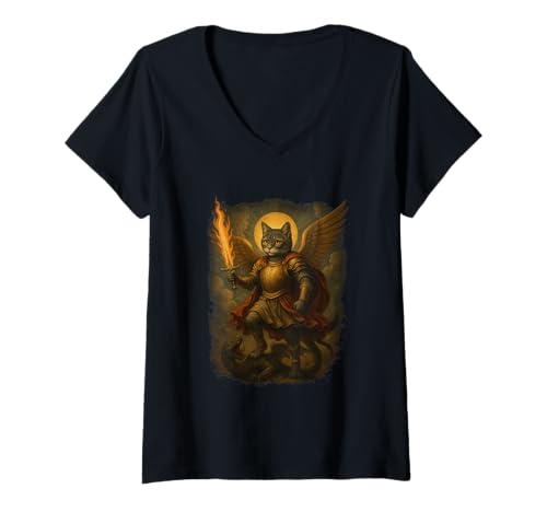 Damen Saint Meowchael Erzengel Katze Lustiger Engel Katze Slaying Dämon T-Shirt mit V-Ausschnitt Damen Saint Meowchael Erzengel Katze Lustiger Engel Katze Slaying Dämon T-Shirt mit V-Ausschnitt von Fun Fantasy Cat Apparel Co.