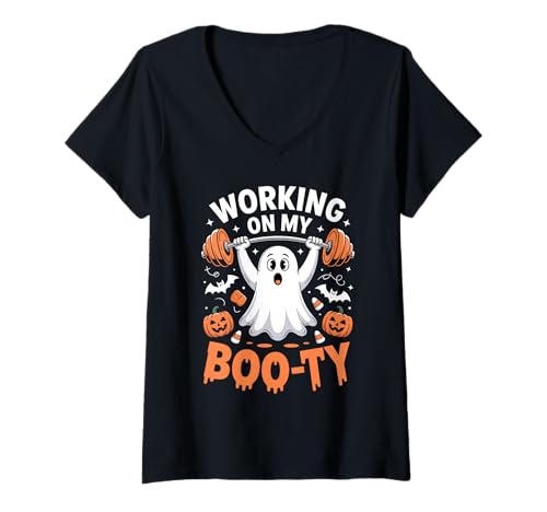 Damen Working On My Boo Ty Workout Gruseliges Gewichtheben Halloween T-Shirt mit V-Ausschnitt Damen Working On My Boo Ty Workout Gruseliges Gewichtheben Halloween T-Shirt mit V-Ausschnitt von Fun Fitness Workout Halloween Gym Ghost Women Men