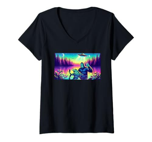 Damen Florida Bigfoot Alligator Alien Vacation Vaporwave Skunk Ape T-Shirt mit V-Ausschnitt Damen Florida Bigfoot Alligator Alien Vacation Vaporwave Skunk Ape T-Shirt mit V-Ausschnitt von Fun Florida Vacations Stink Ape and Alligator