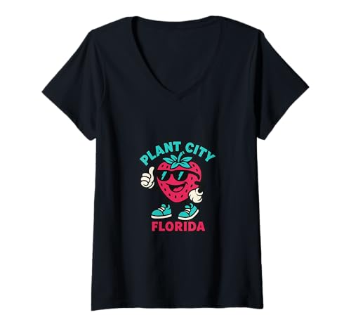 Damen Plant City Florida Retro Festival Vibes Erdbeere Florida T-Shirt mit V-Ausschnitt Damen Plant City Florida Retro Festival Vibes Erdbeere Florida T-Shirt mit V-Ausschnitt von Fun Florida Vibes Co.