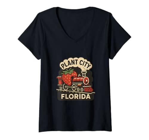 Damen Plant City Florida Retro Festival Vibes Erdbeere Florida T-Shirt mit V-Ausschnitt Damen Plant City Florida Retro Festival Vibes Erdbeere Florida T-Shirt mit V-Ausschnitt von Fun Florida Vibes Co.