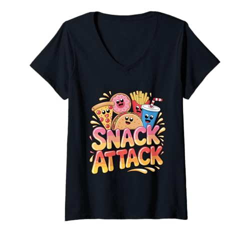Damen Snack Attack Pizza Donut Pommes Pommes Taco T-Shirt mit V-Ausschnitt Damen Snack Attack Pizza Donut Pommes Pommes Taco T-Shirt mit V-Ausschnitt von Fun Food Lovers Cartoon Snack Fest