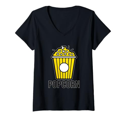 Damen Lustiges und lebendiges Popcorn-Design T-Shirt mit V-Ausschnitt von Fun Foods Burnaby