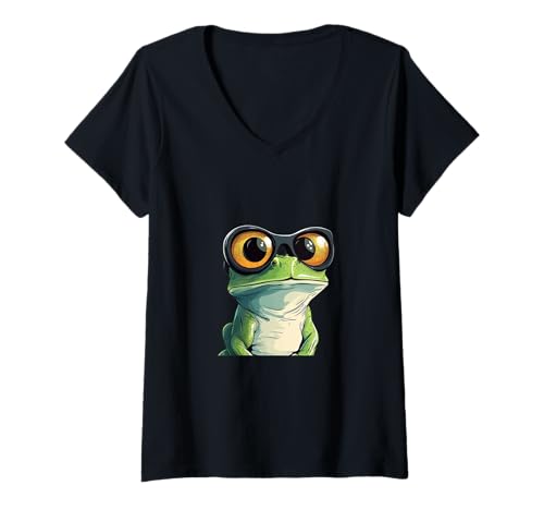 Damen Süßes Froschgesicht mit Brille Kostüm für Jungen und Mädchen T-Shirt mit V-Ausschnitt Damen Süßes Froschgesicht mit Brille Kostüm für Jungen und Mädchen T-Shirt mit V-Ausschnitt von Fun Frog Outfit