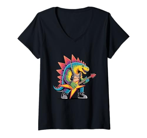 Damen Funny Punk Rock Stegosaurus Dinosaur Playing Guitar T-Shirt mit V-Ausschnitt von Fun Gift Idea for Dinosaur Fans Who Love Music