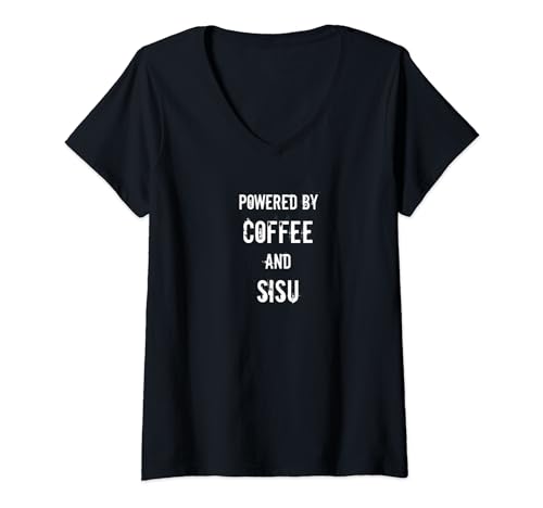 Damen Angetrieben von Coffee and Sisu T-Shirt mit V-Ausschnitt Damen Angetrieben von Coffee and Sisu T-Shirt mit V-Ausschnitt von Fun Gifts Shirts for Finns and Finnish Sisu Suomi