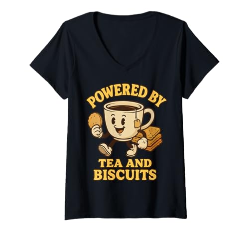 Damen Angetrieben von Tea und Keksen – süße Teetasse T-Shirt mit V-Ausschnitt von Fun Graphic Funny Design