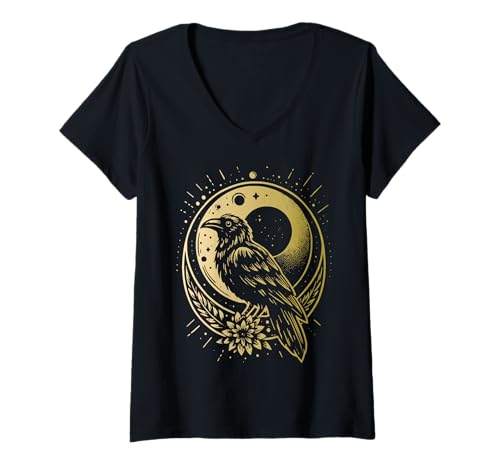 Damen Astral Rabe - Goldene Mond-Illustration im alchemistischen Stil T-Shirt mit V-Ausschnitt von Fun Graphic Funny Design