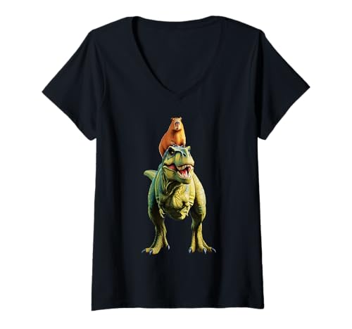 Damen Capybara auf T-Rex – Duo-Tier-Duo, absurd und lustig T-Shirt mit V-Ausschnitt von Fun Graphic Funny Design