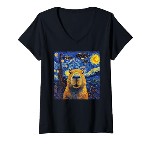 Damen Capybara und UFO in der Sternennacht T-Shirt mit V-Ausschnitt von Fun Graphic Funny Design