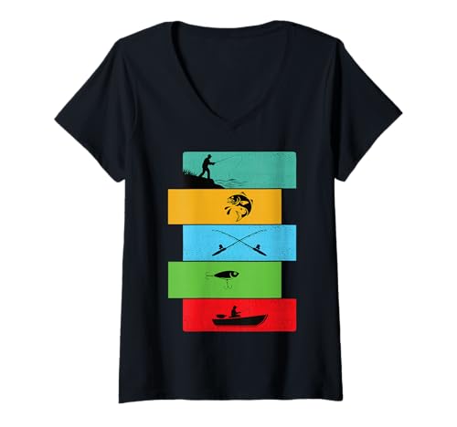 Damen Design Angler Silhouette Fisch Boot und Angelrute T-Shirt mit V-Ausschnitt von Fun Graphic Funny Design