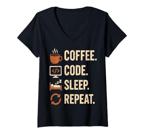 Damen Geek Routine Coder – Kaffee, Code, Dodo, Encore T-Shirt mit V-Ausschnitt von Fun Graphic Funny Design