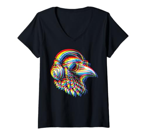 Damen Retrofuturistischer Rabe - Farbenfroher Cyberpunk stilisierter Vogel T-Shirt mit V-Ausschnitt von Fun Graphic Funny Design