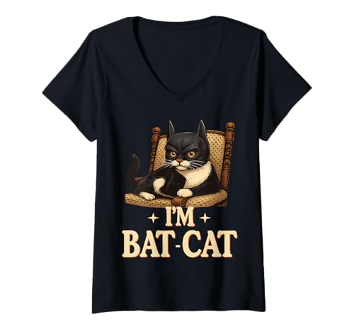Damen Superhelden-Katze – Bat-Cat Humor Comics Original T-Shirt mit V-Ausschnitt Damen Superhelden-Katze – Bat-Cat Humor Comics Original T-Shirt mit V-Ausschnitt von Fun Graphic Funny Design