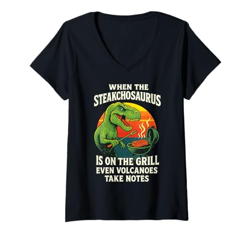 Damen T-Rex Grillmeister Humor Design Kochen Steak Dino T-Shirt mit V-Ausschnitt von Fun Graphic Funny Design