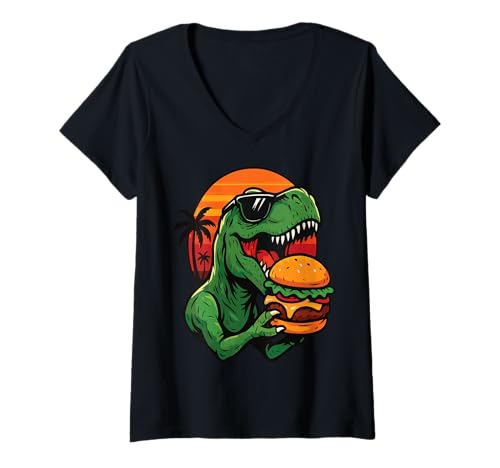 Damen T-Rex mit lustigem Dinosaurier Burger-Design T-Shirt mit V-Ausschnitt von Fun Graphic Funny Design