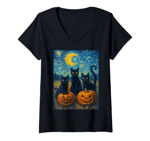 Damen Halloween Black Cats Lover Starry Night Vincent Van Gogh Katze T-Shirt mit V-Ausschnitt Damen Halloween Black Cats Lover Starry Night Vincent Van Gogh Katze T-Shirt mit V-Ausschnitt von Fun Halloween Cat Designs - Van Gough Apparel Shop