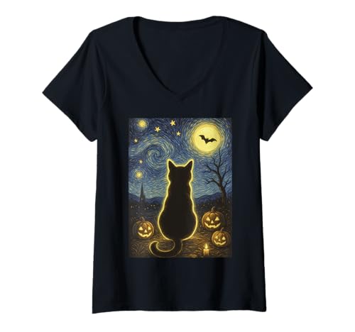 Damen Halloween Schwarze Katze Van Gogh Sternennacht Katzenliebhaber Katze T-Shirt mit V-Ausschnitt Damen Halloween Schwarze Katze Van Gogh Sternennacht Katzenliebhaber Katze T-Shirt mit V-Ausschnitt von Fun Halloween Cat Designs - Van Gough Apparel Shop