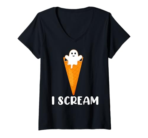Damen I Scream Funny Ghost Ice Cream Trick/Treat Halloween-Kostüm T-Shirt mit V-Ausschnitt von Fun Halloween Designs