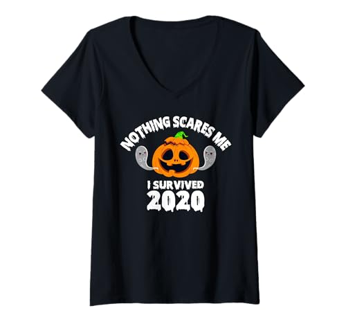 Damen Nichts Macht Mir Angst Ich Habe 2020 überlebt - Ghost Pumpkin Halloween T-Shirt mit V-Ausschnitt von Fun Halloween Designs
