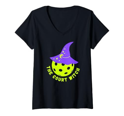Damen Lustiger Halloween Pickleball The Court Witch Pickleballer Mütter T-Shirt mit V-Ausschnitt von Fun Halloween Pickleball Shirts by Southerngal