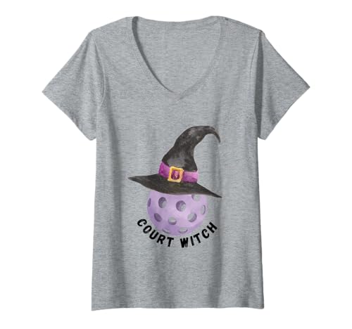 Damen Lustiges Halloween Pickleball Court Hexenshirt für Hexen T-Shirt mit V-Ausschnitt von Fun Halloween Pickleball Shirts by Southerngal