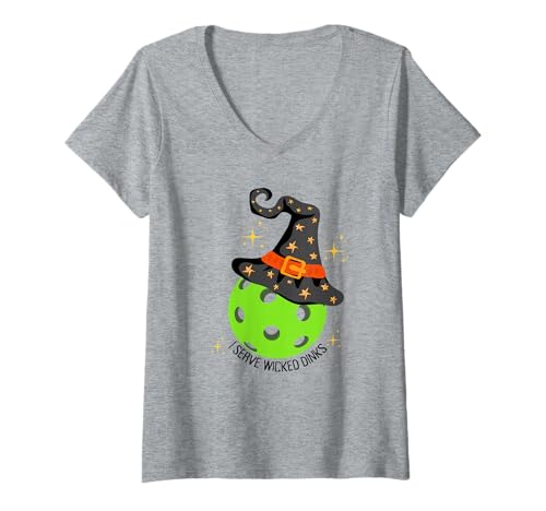 Damen Lustiges Halloween Pickleball Hexe Shirt I Serve Wicked Dinks T-Shirt mit V-Ausschnitt von Fun Halloween Pickleball Shirts by Southerngal