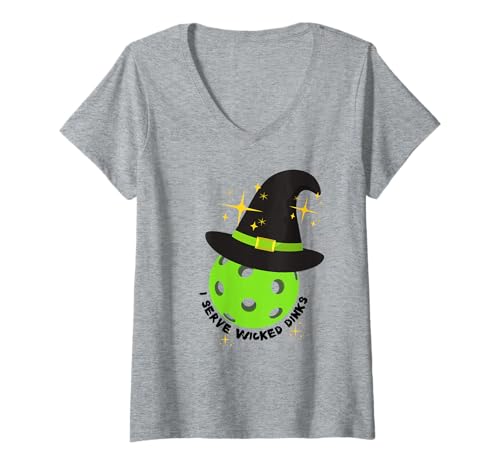 Damen Lustiges Halloween Pickleball Hexe Shirt I Serve Wicked Dinks T-Shirt mit V-Ausschnitt von Fun Halloween Pickleball Shirts by Southerngal