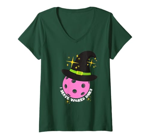 Damen Lustiges Halloween Pickleball Hexe Shirt Servieren Wicked Dinks T-Shirt mit V-Ausschnitt von Fun Halloween Pickleball Shirts by Southerngal