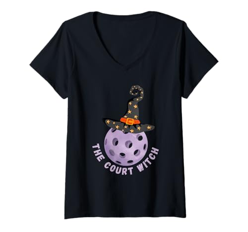 Damen Lustiges Halloween Pickleball The Court Witch lila Hut Shirt T-Shirt mit V-Ausschnitt Damen Lustiges Halloween Pickleball The Court Witch lila Hut Shirt T-Shirt mit V-Ausschnitt von Fun Halloween Pickleball Shirts by Southerngal