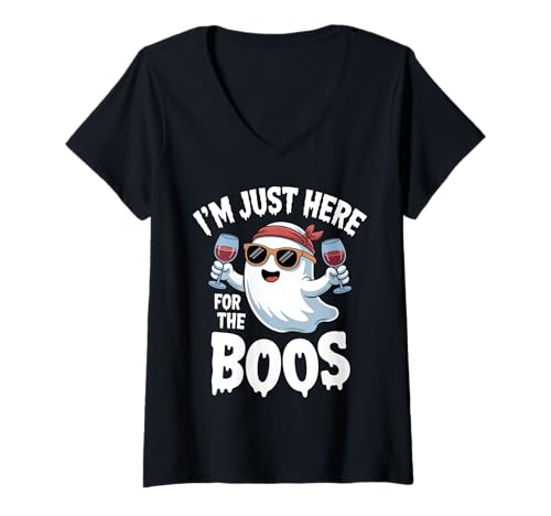 Damen Lustiger Halloween-Weingeist gruselig I'm Just Here for The Boos T-Shirt mit V-Ausschnitt Damen Lustiger Halloween-Weingeist gruselig I'm Just Here for The Boos T-Shirt mit V-Ausschnitt von Fun Halloween Spooky Ghost Haunted Cheers Apparel