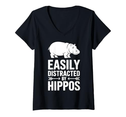 Damen Distracted by Hippos Lustiges Nilpferd T-Shirt mit V-Ausschnitt Damen Distracted by Hippos Lustiges Nilpferd T-Shirt mit V-Ausschnitt von Fun Hippopotamus Cool Hippo Design