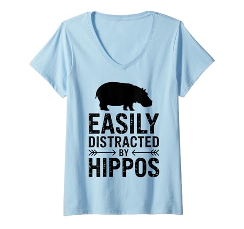 Damen Distracted by Hippos Lustiges Nilpferd T-Shirt mit V-Ausschnitt Damen Distracted by Hippos Lustiges Nilpferd T-Shirt mit V-Ausschnitt von Fun Hippopotamus Cool Hippo Designs