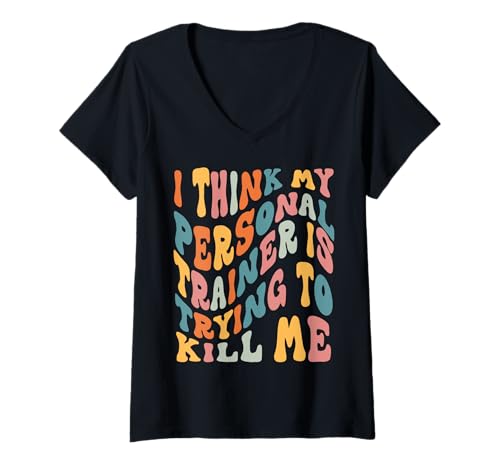 Damen Fitnessstudio Ich glaube, Mein Trainer versucht Mich umzubringen Personal Trainer T-Shirt mit V-Ausschnitt Damen Fitnessstudio Ich glaube, Mein Trainer versucht Mich umzubringen Personal Trainer T-Shirt mit V-Ausschnitt von Fun I Think My Trainer Is Trying To Kill Me Person