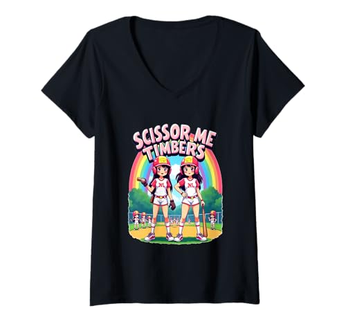 Damen Scissor Me Timbers Buntes Softball-lustiges Baseball-Thema T-Shirt mit V-Ausschnitt Damen Scissor Me Timbers Buntes Softball-lustiges Baseball-Thema T-Shirt mit V-Ausschnitt von Fun Kwirks