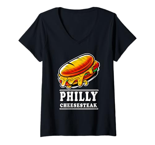 Damen Yummy Philly Cheesesteak Sandwich Lovers Delight Grafik T-Shirt mit V-Ausschnitt Damen Yummy Philly Cheesesteak Sandwich Lovers Delight Grafik T-Shirt mit V-Ausschnitt von Fun Kwirks