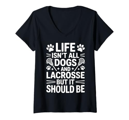 Damen Hunde und Lacrosse T-Shirt mit V-Ausschnitt Damen Hunde und Lacrosse T-Shirt mit V-Ausschnitt von Fun Lacrosse Player Cool Lacrosse Design