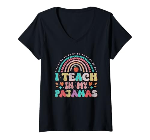 Damen Regenbogengrafik „Ich unterrichte in meinem Pyjama“ T-Shirt mit V-Ausschnitt Damen Regenbogengrafik „Ich unterrichte in meinem Pyjama“ T-Shirt mit V-Ausschnitt von Fun Learning Educator Humorous Expression