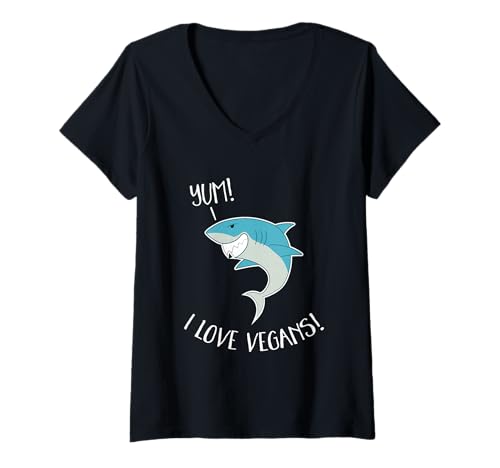 Damen Yum! I Love Vegans! Lustiger vegetarischer Hai Schwimmen, Männer/Frauen T-Shirt mit V-Ausschnitt Damen Yum! I Love Vegans! Lustiger vegetarischer Hai Schwimmen, Männer/Frauen T-Shirt mit V-Ausschnitt von Fun Lovin Designs