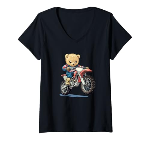 Damen Coole Motocross-Teddygrafik für Rennliebhaber T-Shirt mit V-Ausschnitt von Fun Motocross Teddy Bear