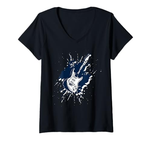 Damen Guitar Splash – Vintage-Stil elektrische/akustische Musiker-Band T-Shirt mit V-Ausschnitt Damen Guitar Splash – Vintage-Stil elektrische/akustische Musiker-Band T-Shirt mit V-Ausschnitt von Fun Musician Designs