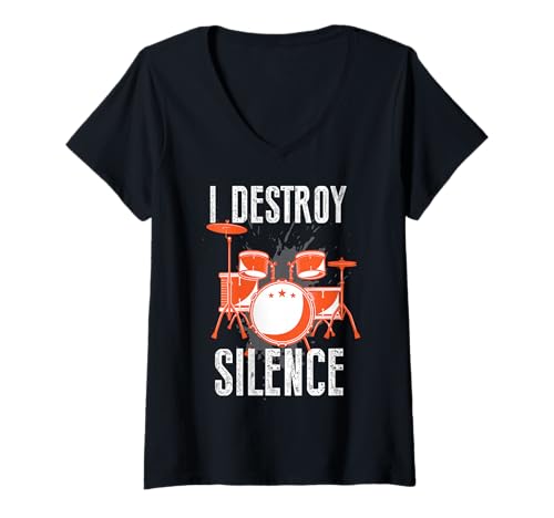 Damen I Destroy Silence - Drum Kit Musiker Musikband Rock N Roll T-Shirt mit V-Ausschnitt Damen I Destroy Silence - Drum Kit Musiker Musikband Rock N Roll T-Shirt mit V-Ausschnitt von Fun Musician Designs