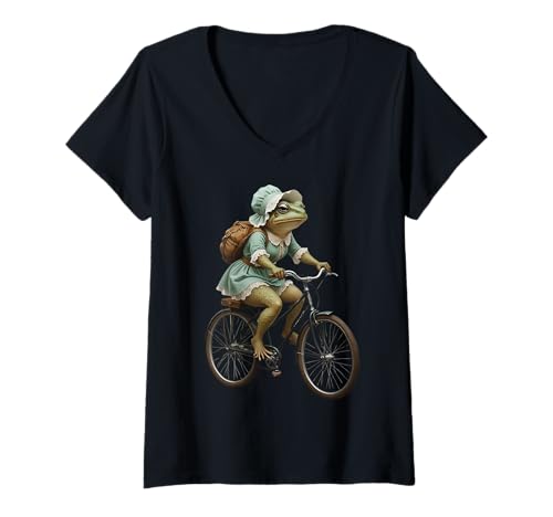 Damen Niedliches Cottagecore Toad Vintage Kleid Reiten Fahrrad Frösche Frauen T-Shirt mit V-Ausschnitt von Fun Quirky Toad riding a Bike Girls who love Retro