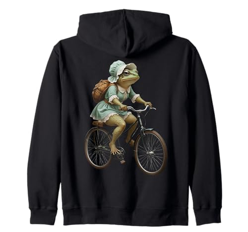 Niedliches Cottagecore Toad Vintage Kleid Reiten Fahrrad Frösche Frauen Kapuzenjacke von Fun Quirky Toad riding a Bike Girls who love Retro