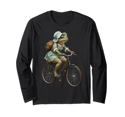 Niedliches Cottagecore Toad Vintage Kleid Reiten Fahrrad Frösche Frauen Langarmshirt von Fun Quirky Toad riding a Bike Girls who love Retro