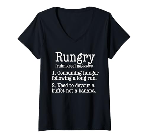 Damen Rungry - Lustiger Hungriger Laufmarathon Training Gym Fitness T-Shirt mit V-Ausschnitt von Fun Running Designs