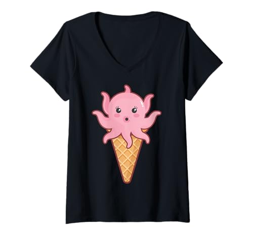 Damen Tintenfisch - Oktopus Eistüte Spaß Meer Tierliebhaber Junge/Mädchen T-Shirt mit V-Ausschnitt Damen Tintenfisch - Oktopus Eistüte Spaß Meer Tierliebhaber Junge/Mädchen T-Shirt mit V-Ausschnitt von Fun Sea Animal Designs