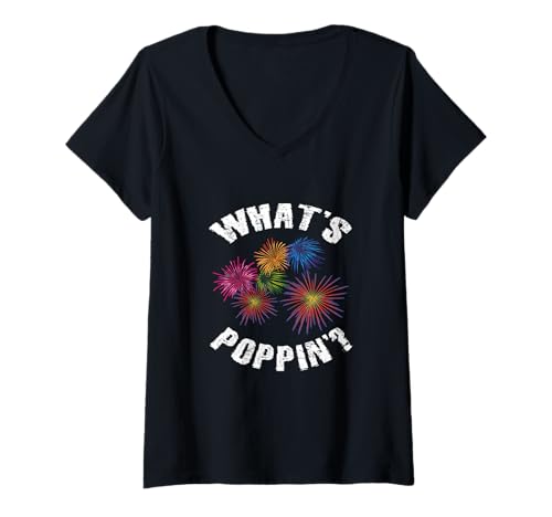 Damen was ist Poppin'? - Feuerwerk T-Shirt mit V-Ausschnitt Damen was ist Poppin'? - Feuerwerk T-Shirt mit V-Ausschnitt von Fun Seasonal Tees