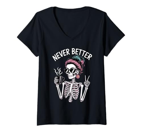 Damen Messy Bun Skeleton with Coffee Funny Spooky Coffee Lover T-Shirt mit V-Ausschnitt von Fun Skeleton Coffee Mug Halloween Messy Bun Outfit
