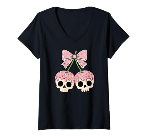 Damen Niedliche Totenkopf-Kirschen mit rosa Streuseln, Kirschschleife T-Shirt mit V-Ausschnitt von Fun Spooky Sweet Skull Cherries Style
